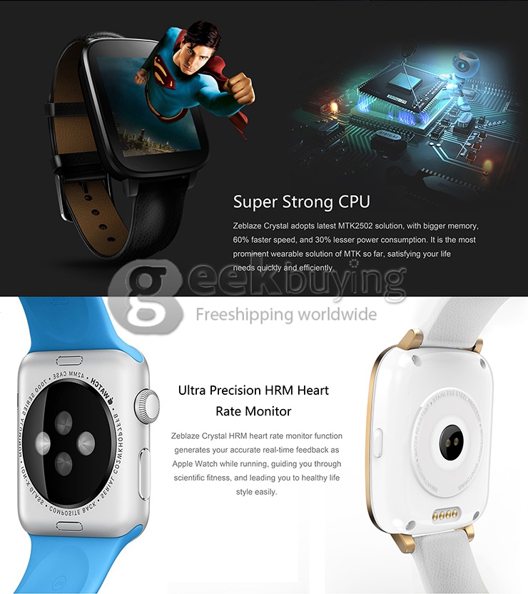 Zeblaze Crystal MTK2502 Heart Rate Monitor Smart Watch Bluetooth 4.0 IP65 Sleep Fitness Tracker Genuine Leather Band - White