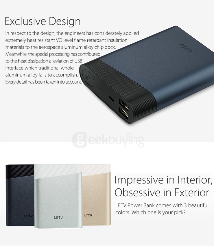 Original LETV 13400mAh Power Bank QC2.0 Quick Charge 2 Way Power Bank External Battery Dual USB For iPhone Samsung HTC - Silver