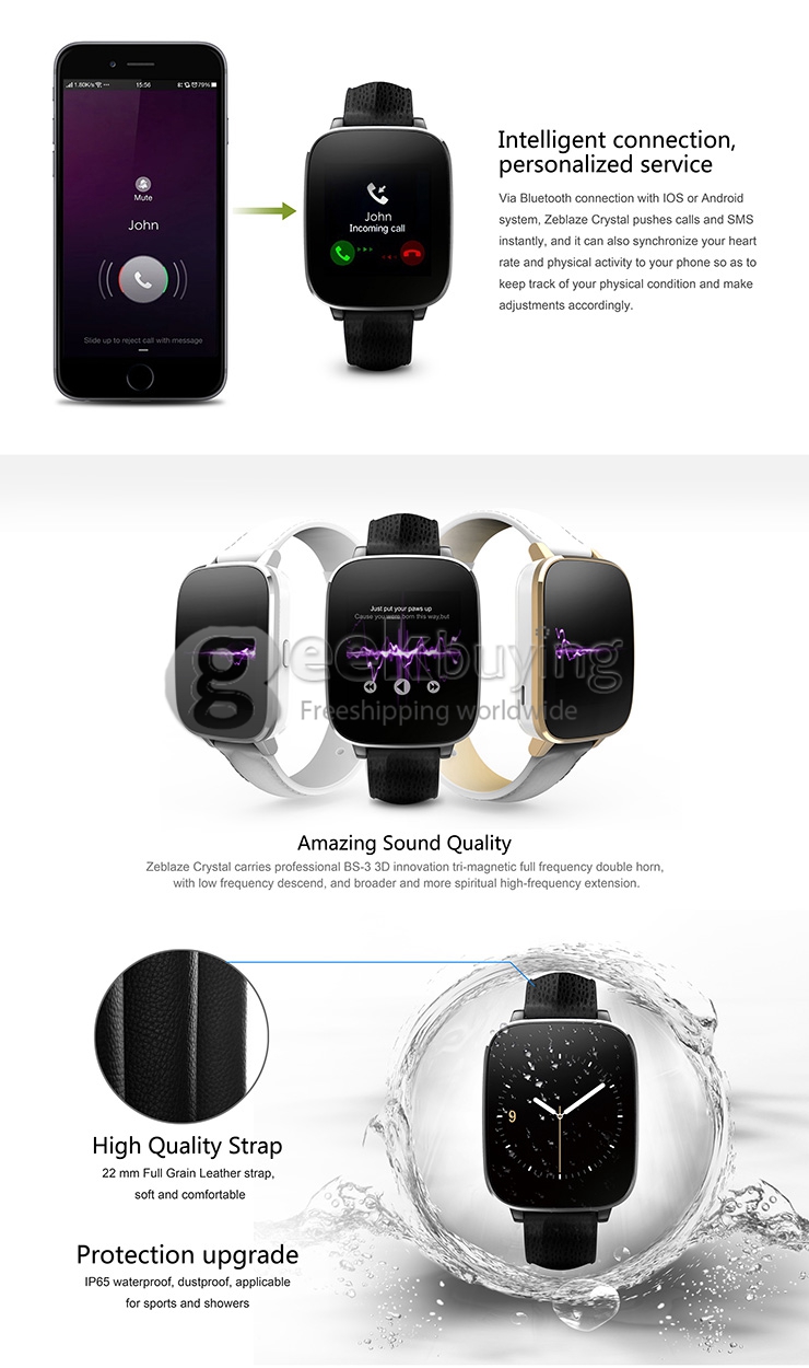 Zeblaze Crystal MTK2502 Heart Rate Monitor Smart Watch Bluetooth 4.0 IP65 Sleep Fitness Tracker Genuine Leather Band - White