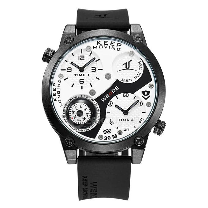 WEIDE UV1505 Trendy 3ATM Waterproof Electronic Men Quartz Sport Watch PU Strap Alloy Shell Dual Time Zones with Compass - White+Black