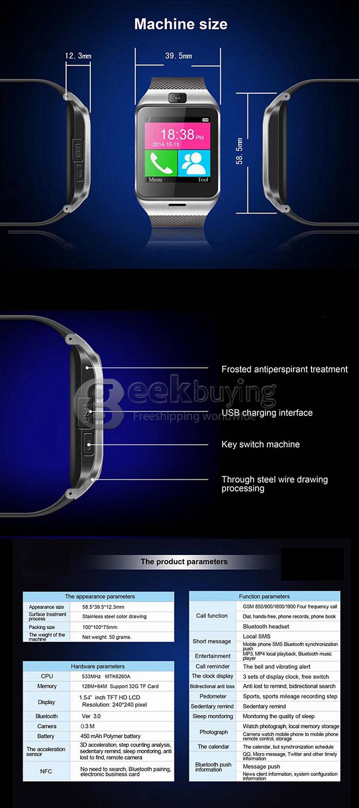 GV18 Aplus Smart Bluetooth WristWatch Watch Phone Supporting NFC/SIM Card with Camera - Black