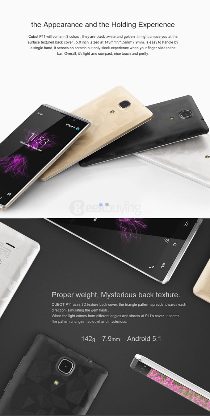 [HK Stock] CUBOT P11 5.0inch Android 5.1 Smartphone MT6580 Quad Core 1.3GHz 1GB RAM 8GB ROM 3G GPS 13.0MP Camera Hotknot OTG -Black