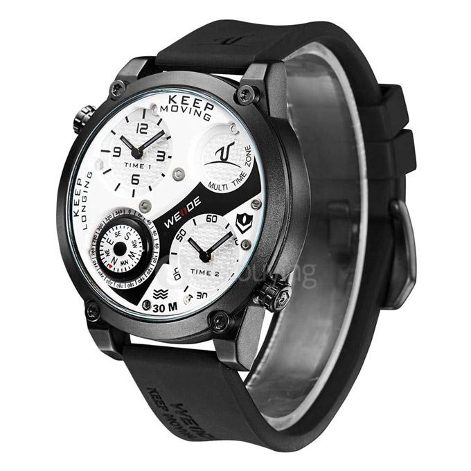 WEIDE UV1505 Trendy 3ATM Waterproof Electronic Men Quartz Sport Watch PU Strap Alloy Shell Dual Time Zones with Compass - White+Black