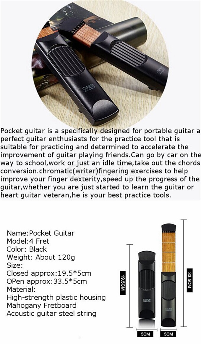 Portable Pocket Guitar Acoustic Guitar Practice Tool Gadget 6 Steel Strings 4 Fret Model with 2 Picks for Beginner - Black