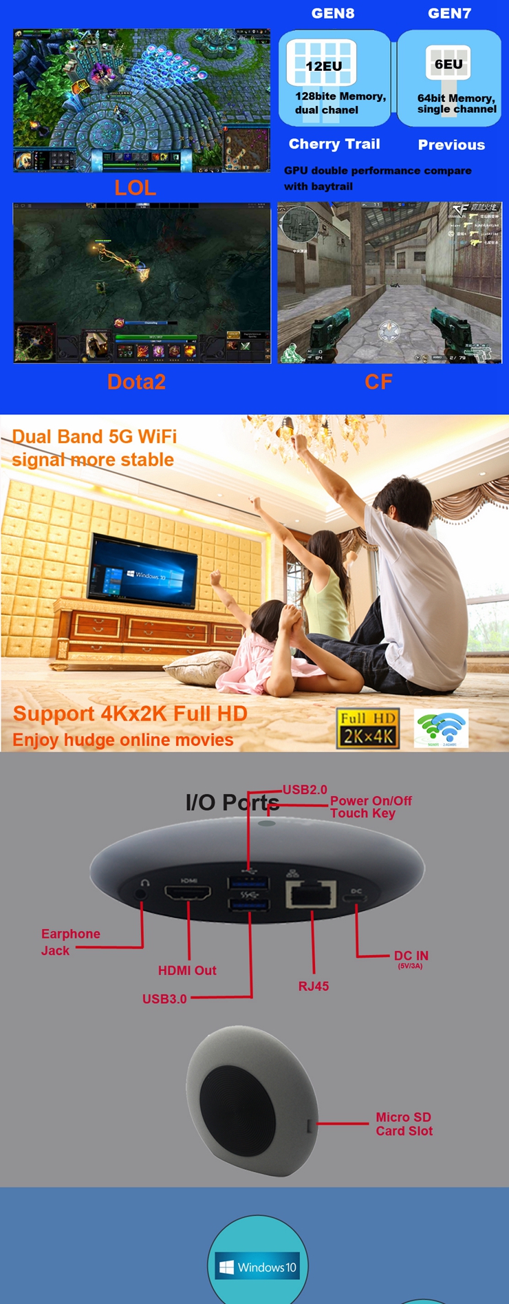 MEEGOPAD T04 Windows 10 Ultra MINI PC Cherry Trail Z8300 Quad Core 2.4G/5G Dual Band WIFI LAN Bluetooth 4.0 2G/32G HDMI