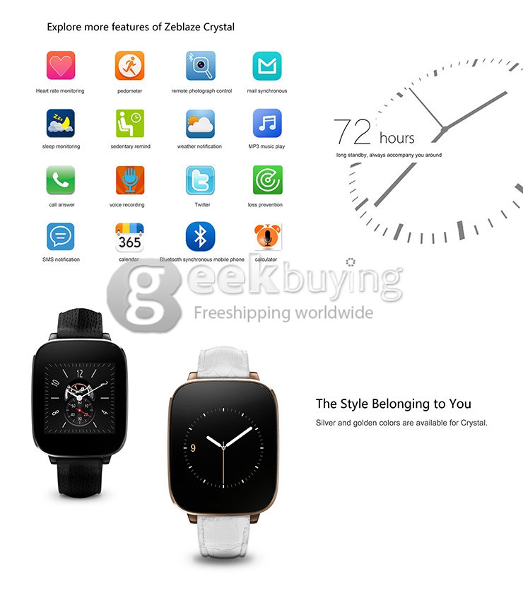 Zeblaze Crystal MTK2502 Heart Rate Monitor Smart Watch Bluetooth 4.0 IP65 Sleep Fitness Tracker Genuine Leather Band - White
