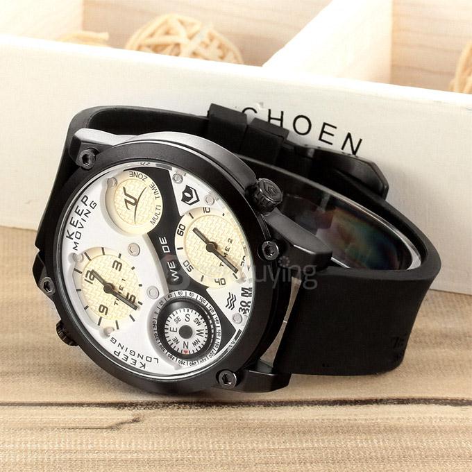 WEIDE UV1505 Trendy 3ATM Waterproof Electronic Men Quartz Sport Watch PU Strap Alloy Shell Dual Time Zones with Compass - White+Black