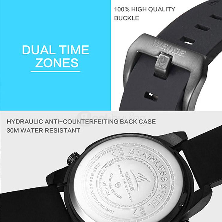 WEIDE UV1505 Trendy 3ATM Waterproof Electronic Men Quartz Sport Watch PU Strap Alloy Shell Dual Time Zones with Compass - White+Black