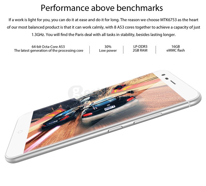 Ulefone Paris 5inch Android 5.1 2GB 16GB 4G Smartphone 64Bit MTK6753 Octa Core 13.0MP OTG Miracast Hotknot Gorilla 3 - White