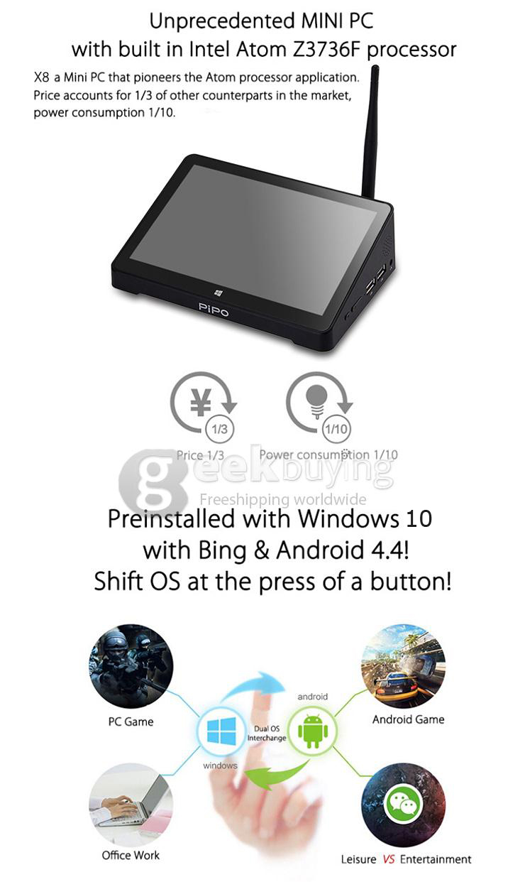 PIPO X8 2G/32G Dual Boot Windows10 Android4.4 Mini PC 7
