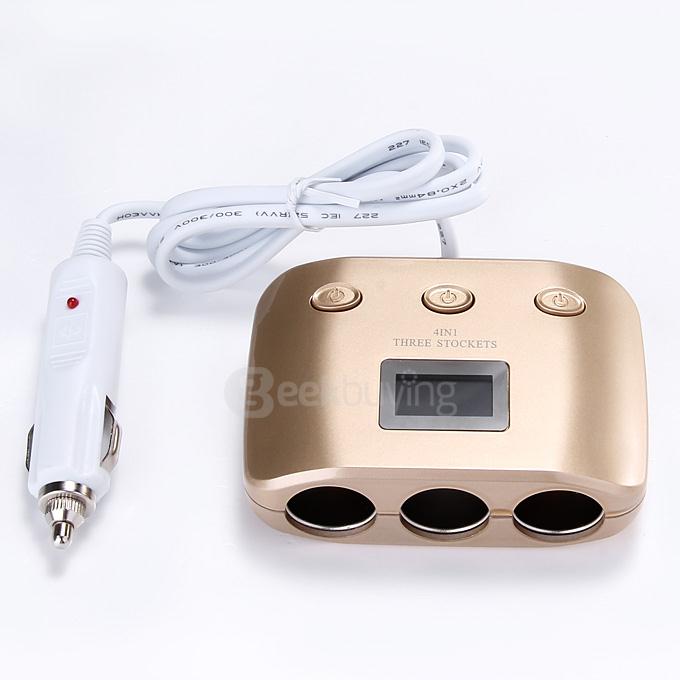 4 In1 Car Cigarette Lighter Splitter with Three Sockets Dual USB Interface  -  Golden