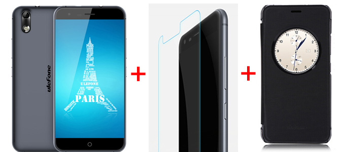 (Package B) Ulefone Paris 5inch Android 5.1 2GB 16GB 4G Smartphone(Black) + Tempered Glass Screen Portector + Leather Case(Black)