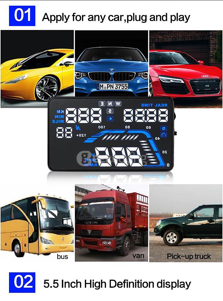 Q7 5.5'' GPS HUD Head Up Display Windscreen Projector Model Display - Black