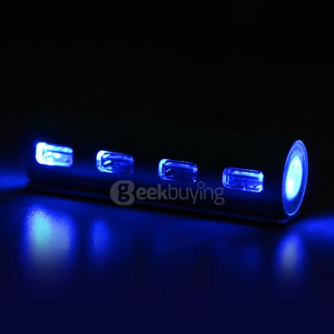 Aluminum USB 3.0 HUB 4 Ports Adapter with LED Indicator for PC Computer Laptop - Silver