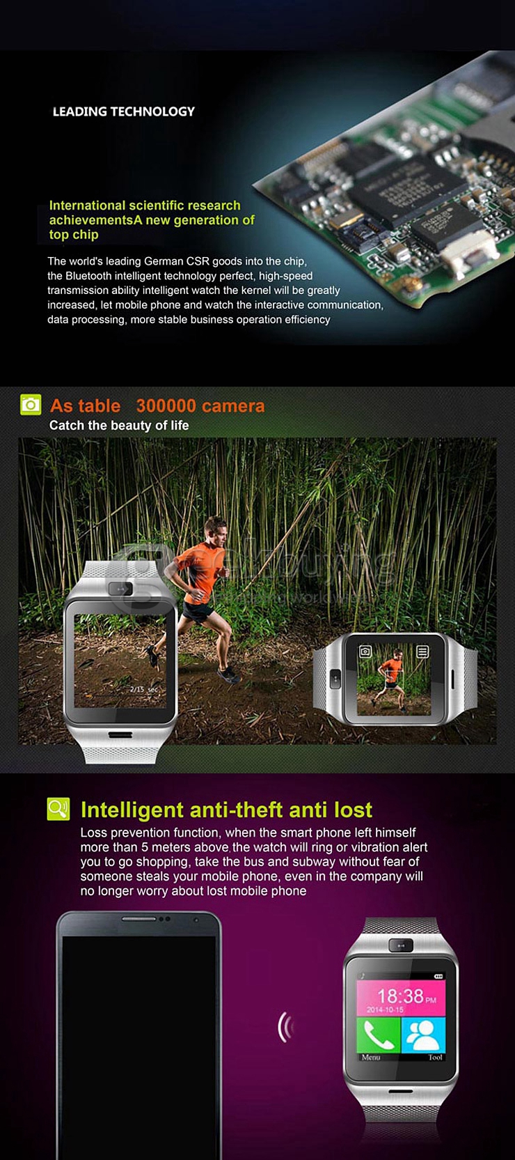 GV18 Aplus Smart Bluetooth WristWatch Watch Phone Supporting NFC/SIM Card with Camera - Black