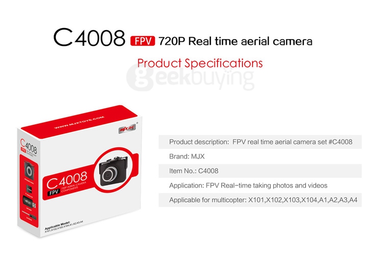 MJX C4008 720P Real Time Aerial FPV Camera Set Fitting for MJX X101/X102/X103/X104/X600/A1/A2/A3/A4 - Black