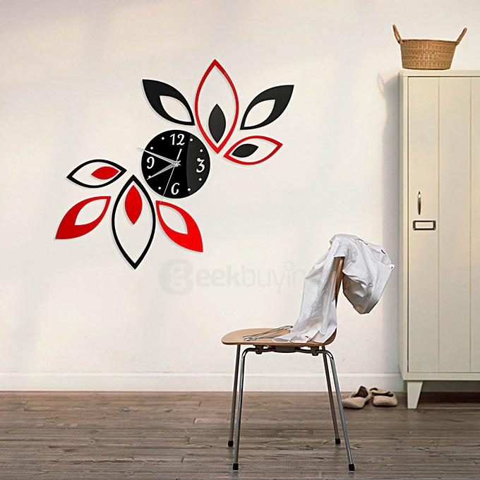 Fashion Home Decal Art Mural Lotus DIY 3D Acrylic Mirror Sticker Wall Clock - Red + Black