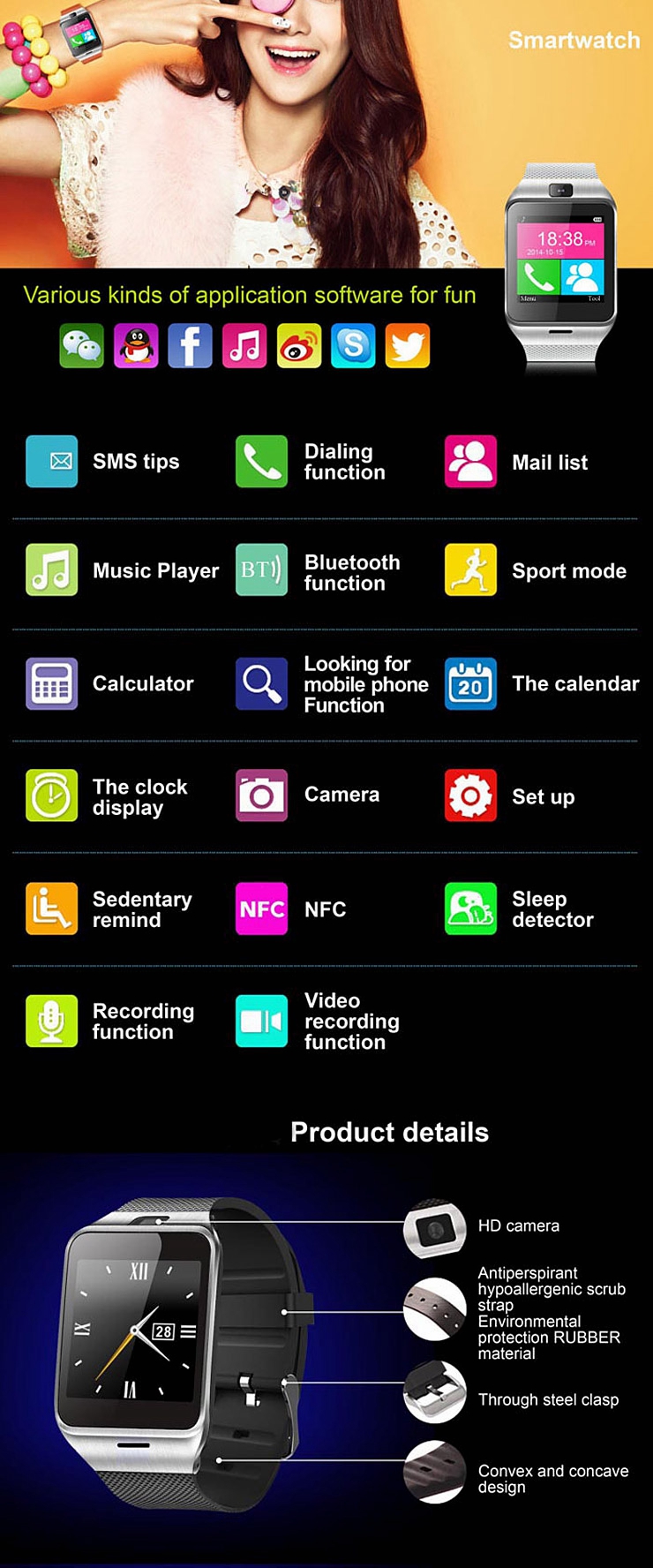 GV18 Aplus Smart Bluetooth WristWatch Watch Phone Supporting NFC/SIM Card with Camera - Black
