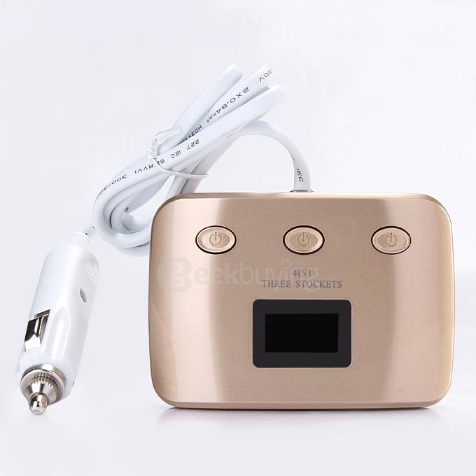 4 In1 Car Cigarette Lighter Splitter with Three Sockets Dual USB Interface  -  Golden