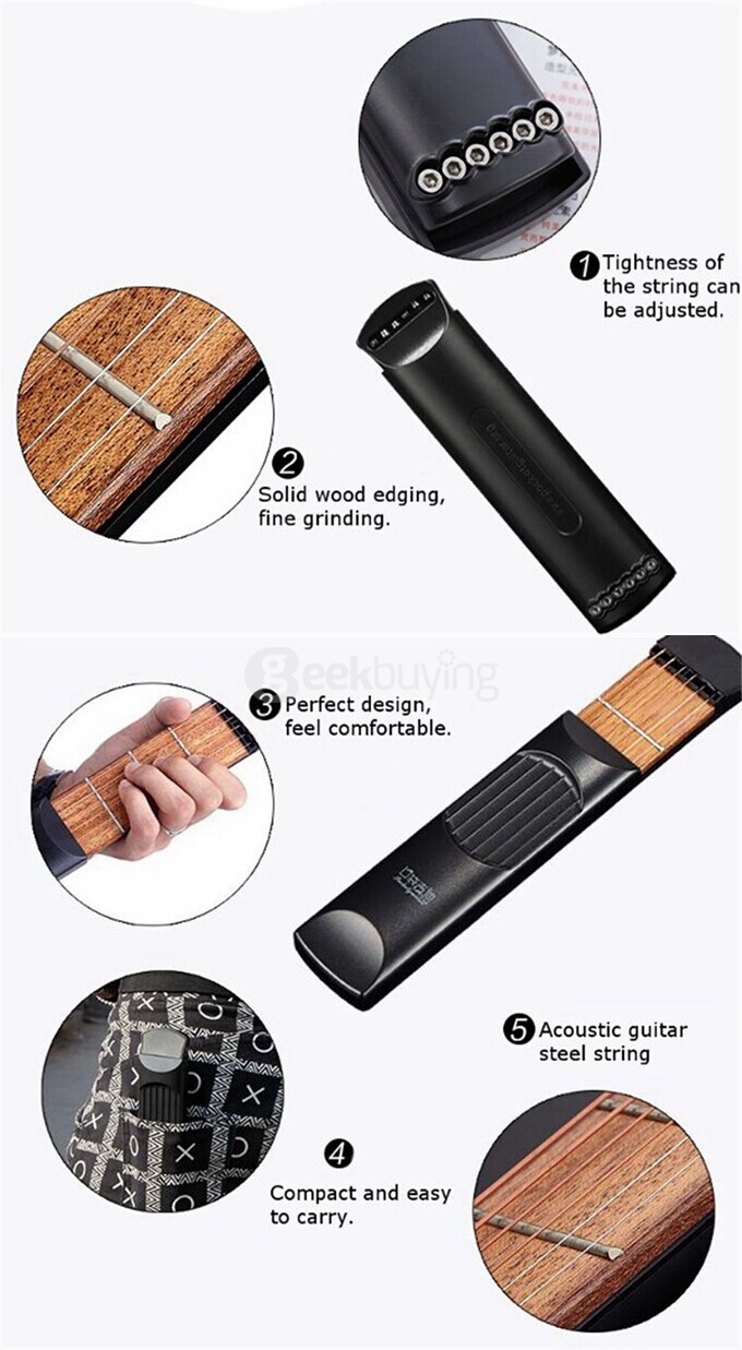 Portable Pocket Guitar Acoustic Guitar Practice Tool Gadget 6 Steel Strings 4 Fret Model with 2 Picks for Beginner - Black