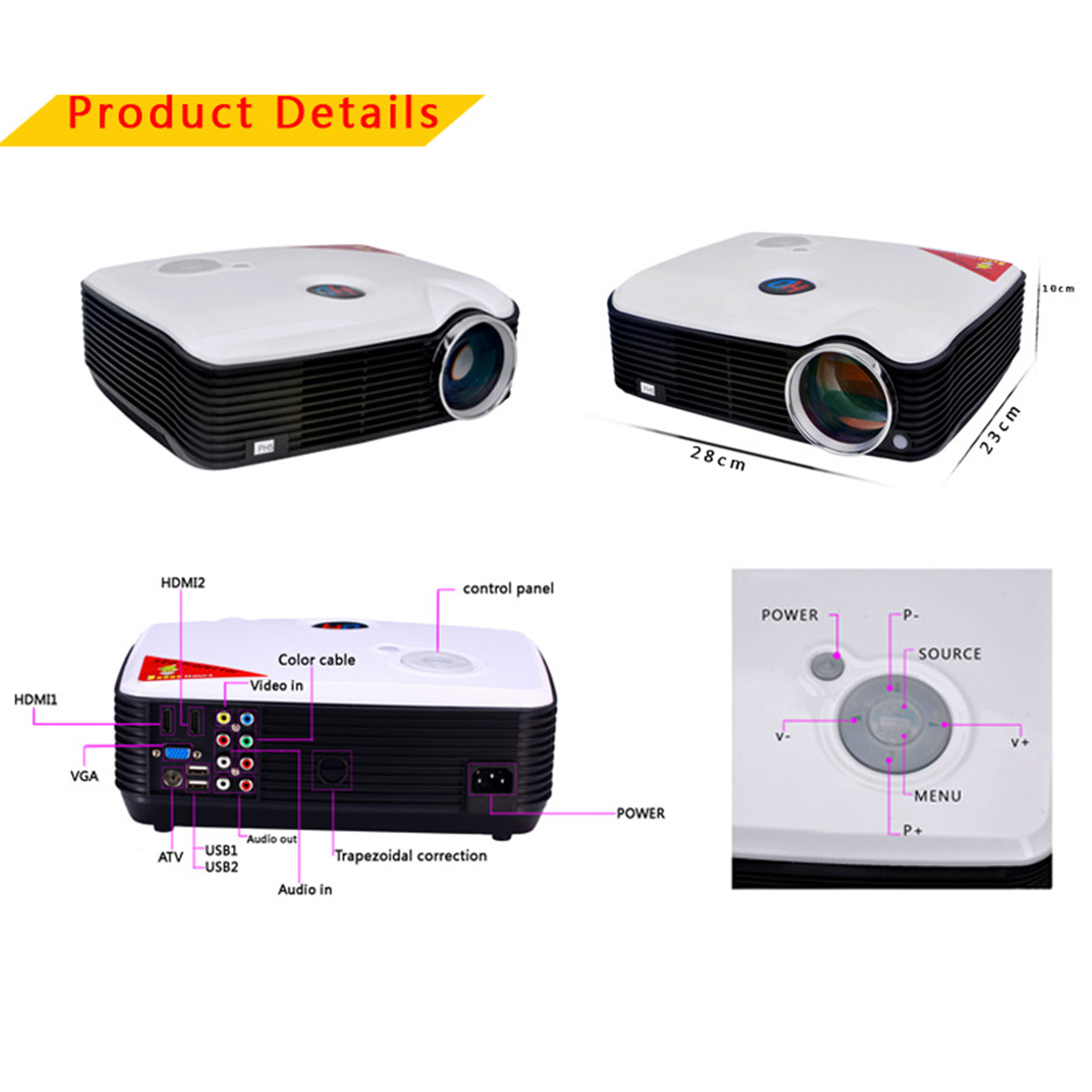 ProHome PH5 500 Lumens 800*600 LED Projector Home Theater with HDMI USB VGA Input - White