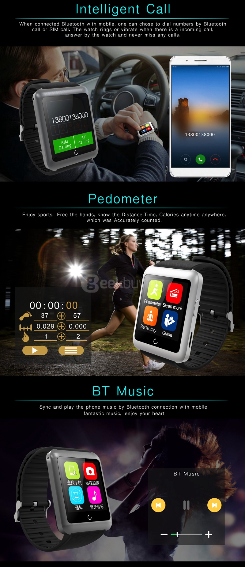 U11 U Watch Smart Watch with  MTK2502C Removable SIM Card BT 4.0 for Android iPhone iOS  - Black