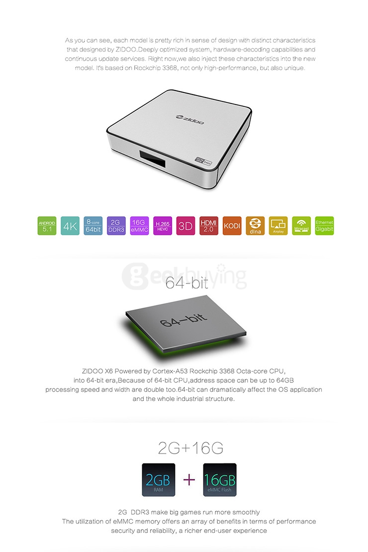 ZIDOO X6 Pro Android 5.1 Lollipop TV Box RK3368 Octa Core Cortex-A53 2G/16G 1000M LAN Dual Band WIF HDMI 2.0 4K*2K H.265 KODI 3D - Silver