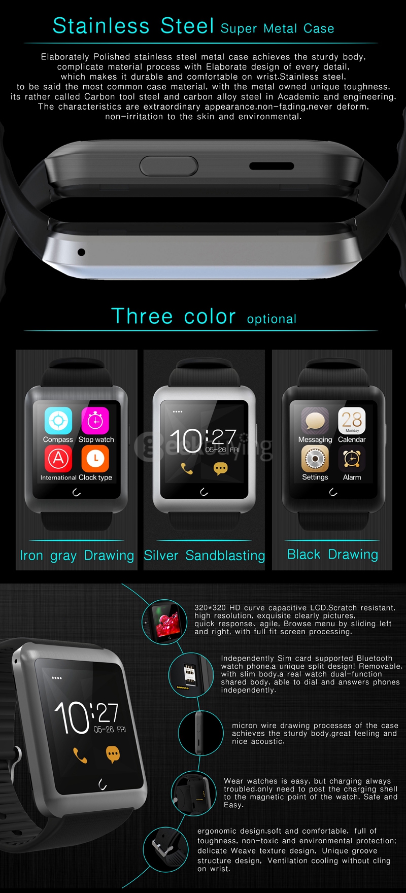 U11 U Watch Smart Watch with  MTK2502C Removable SIM Card BT 4.0 for Android iPhone iOS  - Dark Gray