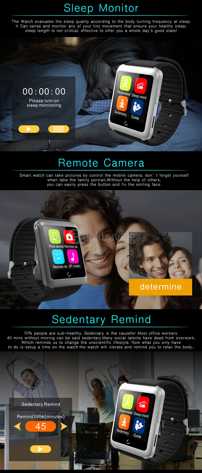 U11 U Watch Smart Watch with  MTK2502C Removable SIM Card BT 4.0 for Android iPhone iOS  - Black