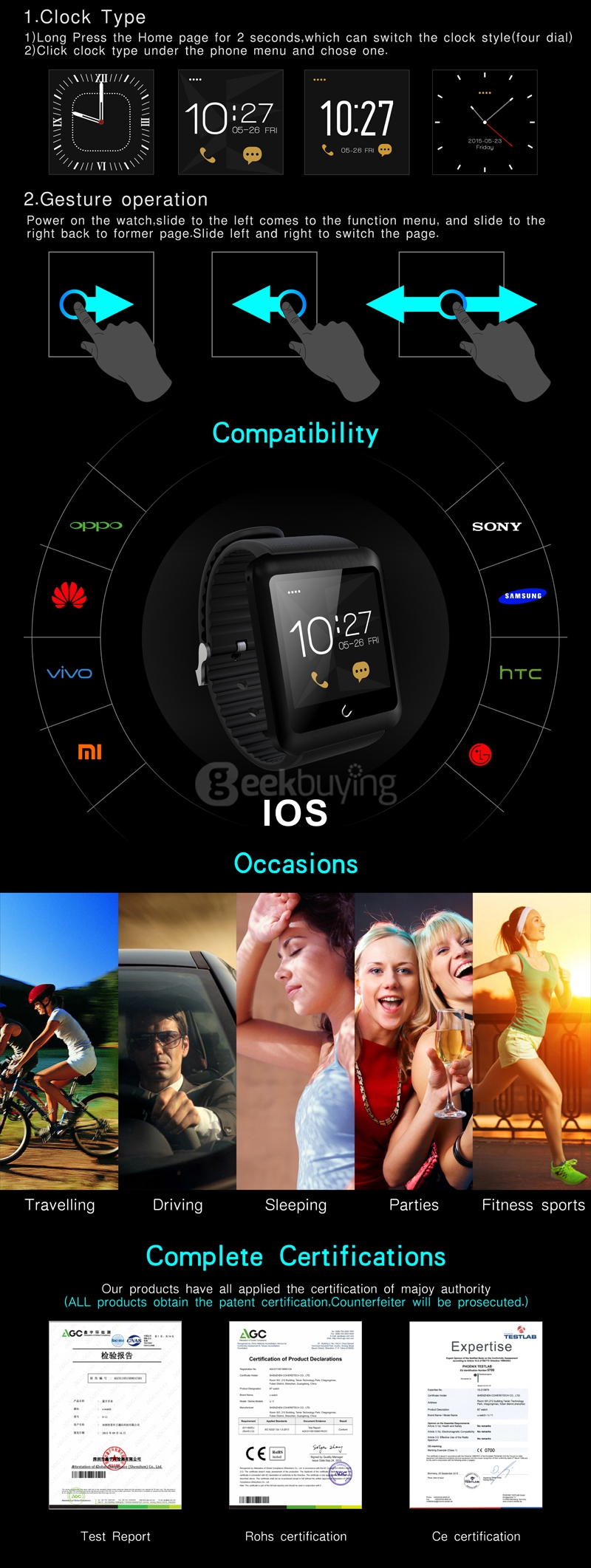 U11 U Watch Smart Watch with  MTK2502C Removable SIM Card BT 4.0 for Android iPhone iOS  - Black