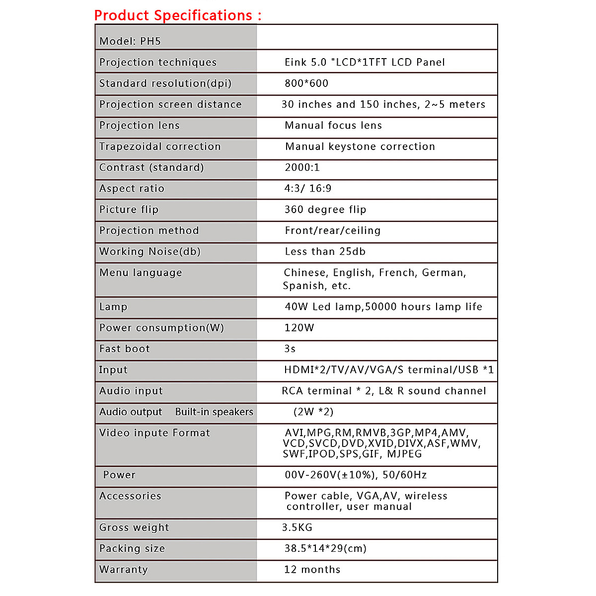 ProHome PH5 500 Lumens 800*600 LED Projector Home Theater with HDMI USB VGA Input - White