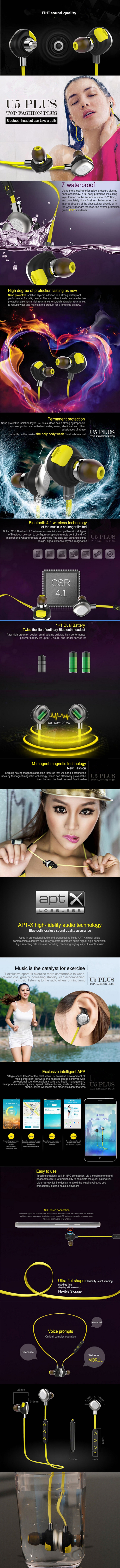 Morul U5 IPX7 NFC Swimming Stereo Earbuds Universal Wireless Bluetooth Headset BT4.1 Handfree Headphone With MIC - Black