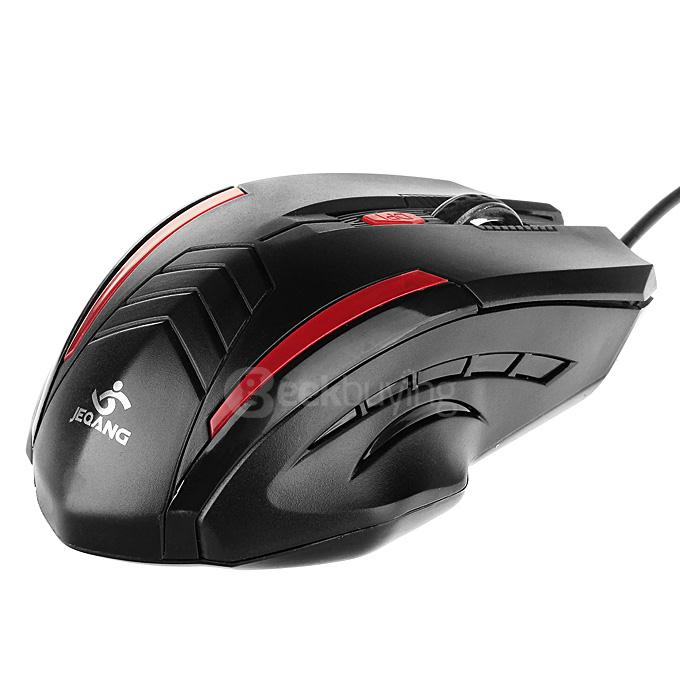 JEQANG JM-065 Professional Wired Opitcal Gaming Mouse 800/1200/1600DPI with Colorful LED Breathing Lights - Black+Red