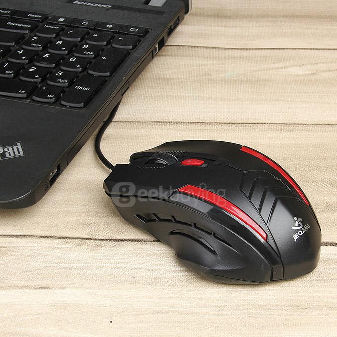 JEQANG JM-065 Professional Wired Opitcal Gaming Mouse 800/1200/1600DPI with Colorful LED Breathing Lights - Black+Red