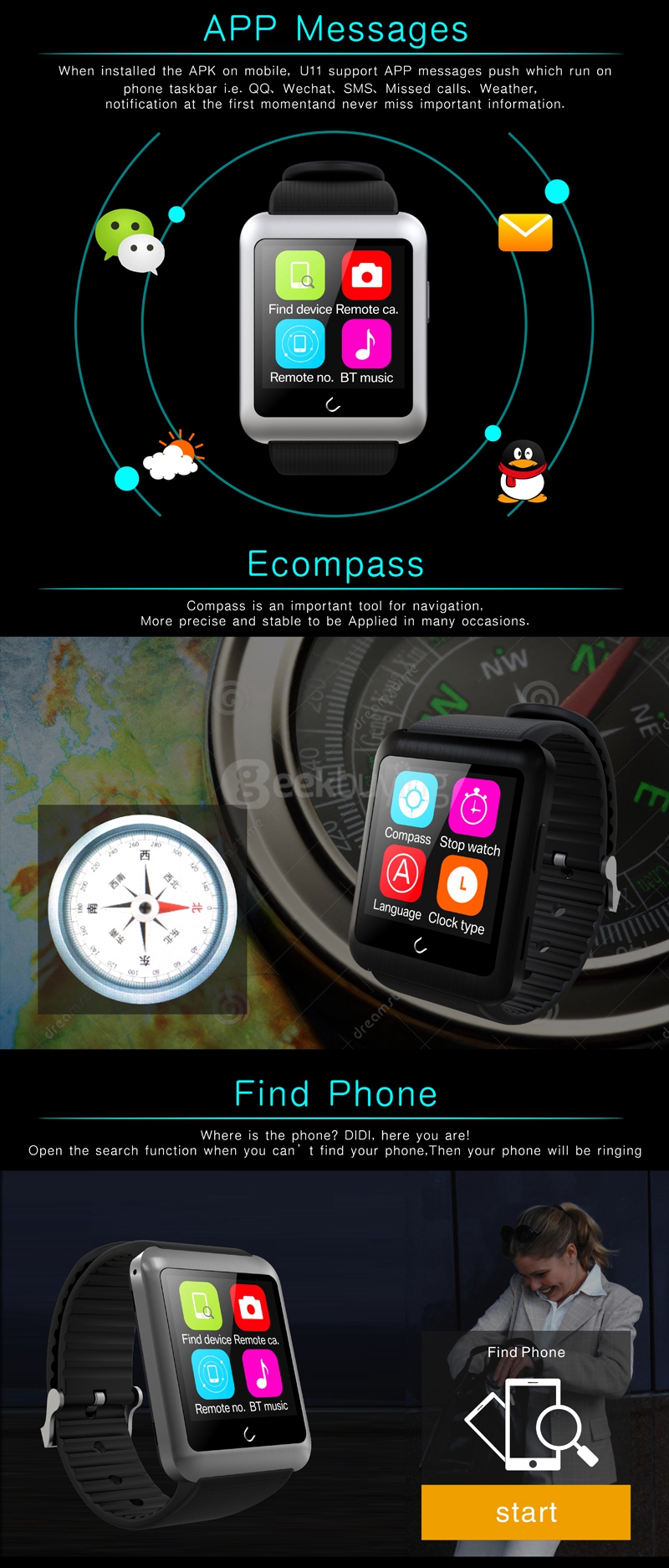 U11 U Watch Smart Watch with  MTK2502C Removable SIM Card BT 4.0 for Android iPhone iOS  - Dark Gray