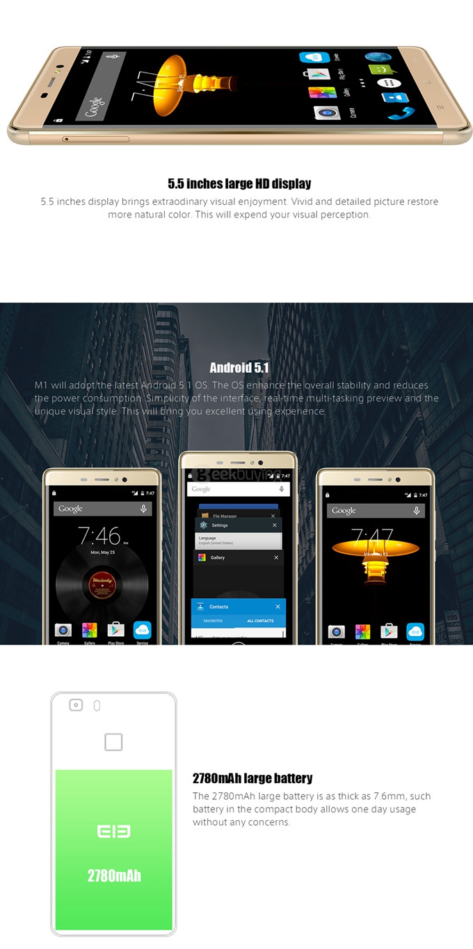 [HK Stock] Elephone M1 5.5inch HD 4G FDD-LTE Android 5.1 2GB 16GB Smartphone 64bit MTK6735A Quad Core 13.0MP Camera Touch ID - Gray