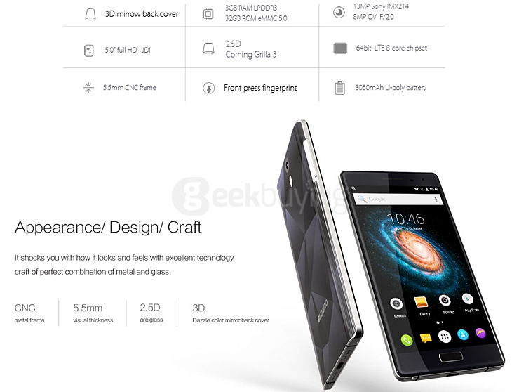 BLUBOO Xtouch 5.0inch FHD 4G LTE Android 5.1 3GB 32GB Smartphone 64bit MTK6753W Octa Core 13.0MP Touch ID - Dark Blue