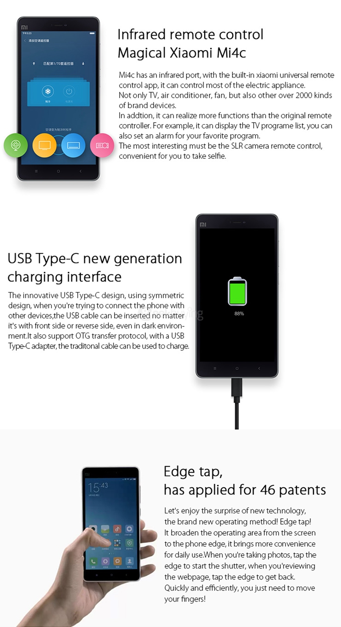 Xiaomi Mi4C 5.0inch Android 5.1 2GB 16GB Smartphone 4G FDD-LTE 64-bit Snapdragon 808 Hexa Core 1.8GHz 13.0MP 5.0MP USB Type-C Edge Touch - Blue