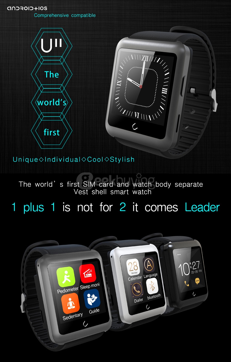 U11 U Watch Smart Watch with  MTK2502C Removable SIM Card BT 4.0 for Android iPhone iOS  - Dark Gray
