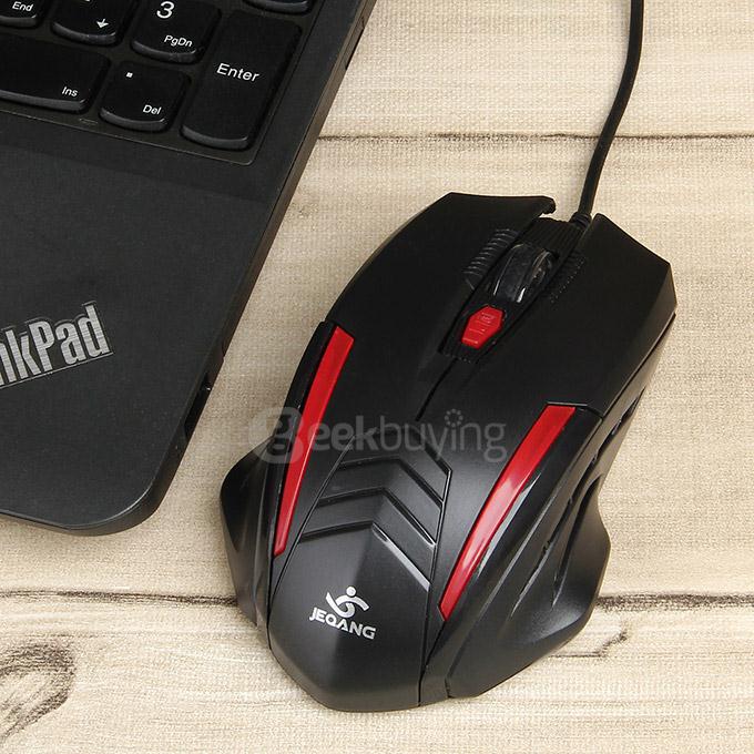 JEQANG JM-065 Professional Wired Opitcal Gaming Mouse 800/1200/1600DPI with Colorful LED Breathing Lights - Black+Red