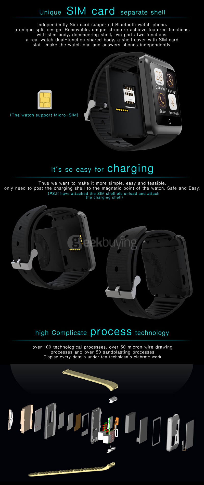 U11 U Watch Smart Watch with  MTK2502C Removable SIM Card BT 4.0 for Android iPhone iOS  - Black