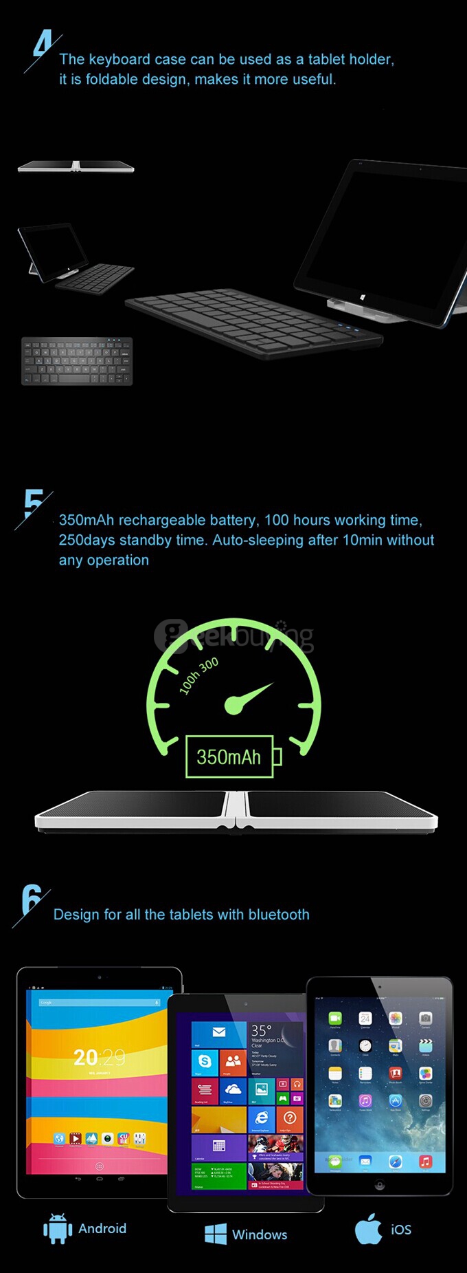 Cube CBK01 Wireless Bluetooth 3.0 Keyboard with Case Holder For Cube Series Tablets Android Windows iOS Tablets - Black