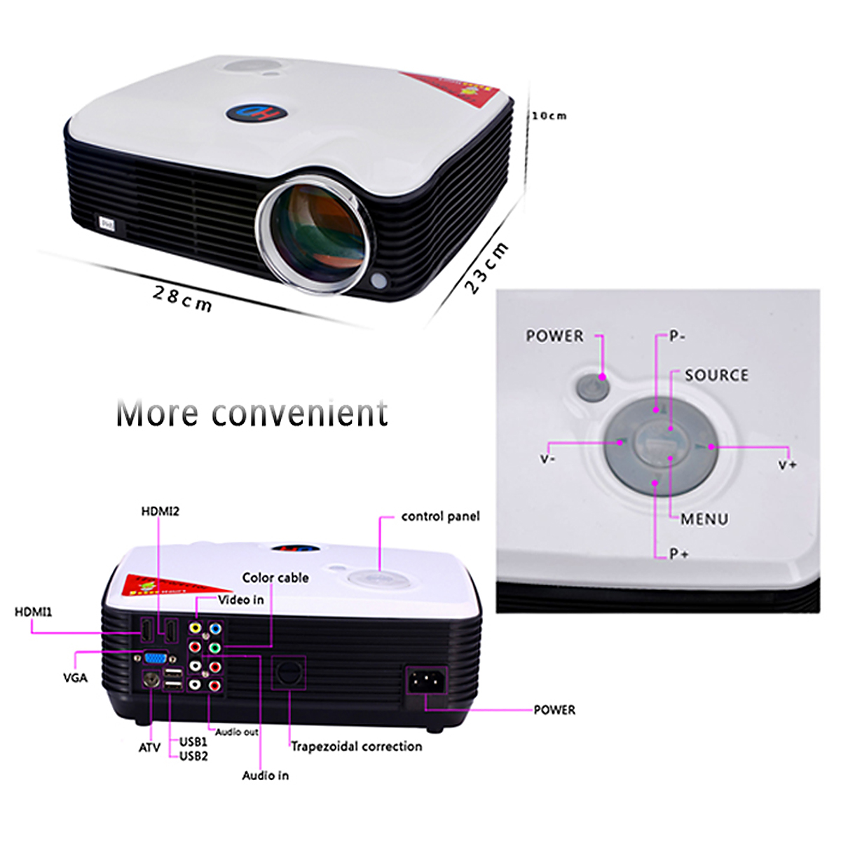 ProHome PH5 500 Lumens 800*600 LED Projector Home Theater with HDMI USB VGA Input - White