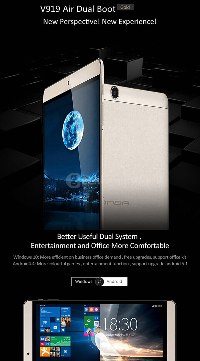 Onda V919 Air 9.7 Inch Dual Boot Windows8.1 + Android4.4 Tablet PC 2GB/64GB Intel Z3735F Quad Core 1.83GHz IPS 2048*1536 HDMI OTG WiDi - Golden