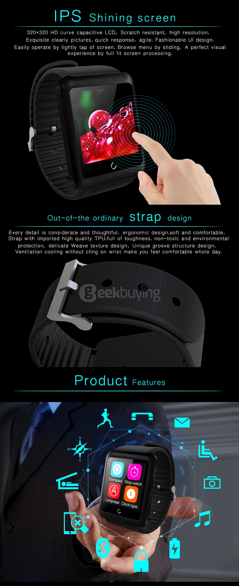 U11 U Watch Smart Watch with  MTK2502C Removable SIM Card BT 4.0 for Android iPhone iOS  - Black