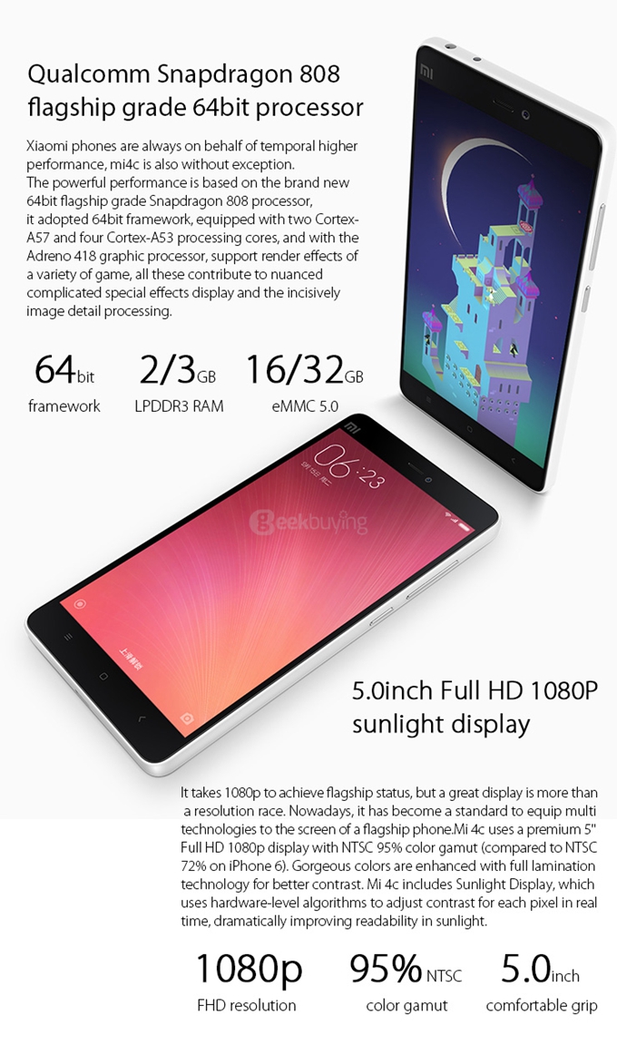 Xiaomi Mi4C 5.0inch Android 5.1 3GB 32GB Smartphone 4G FDD-LTE 64-bit Snapdragon 808 Hexa Core 1.8GHz 13.0MP 5.0MP Type-C Edge Tap - Pink