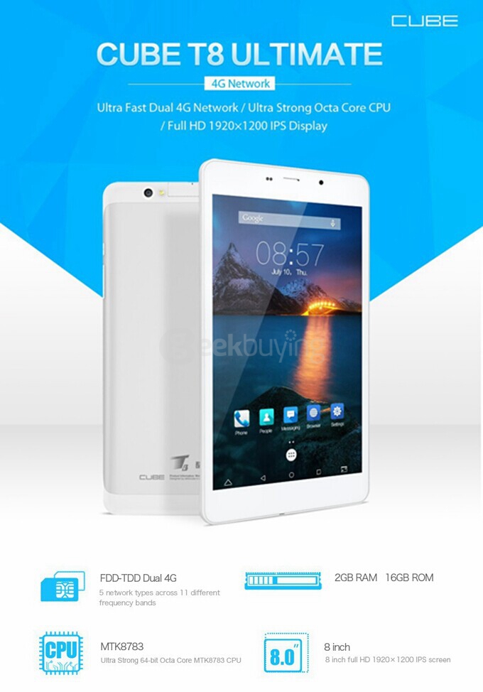 Cube T8 Plus 4G Phablet Android 5.1 8 Inch 2GB/16GB MTK8783 Octa Core 1.3GHz Phone Call Tablet PC IPS 1920*1200 GPS Bluetooth - White+Silver
