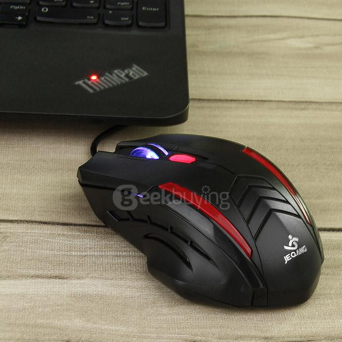 JEQANG JM-065 Professional Wired Opitcal Gaming Mouse 800/1200/1600DPI with Colorful LED Breathing Lights - Black+Red