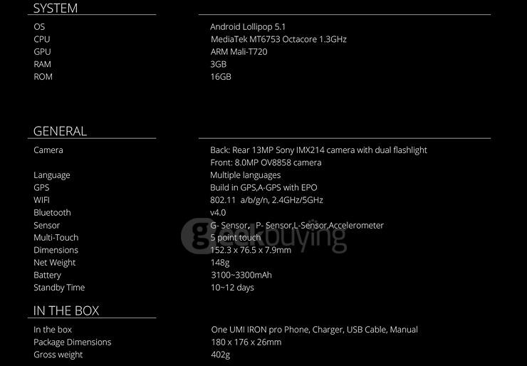 [HK Stock] UMI IRON Pro 4G LTE 5.5inch FHD Android 5.1 3GB 16GB Smartphone 64bit MTK6753 Octa Core 1.3GHz 13.0MP Touch ID - Silvery White