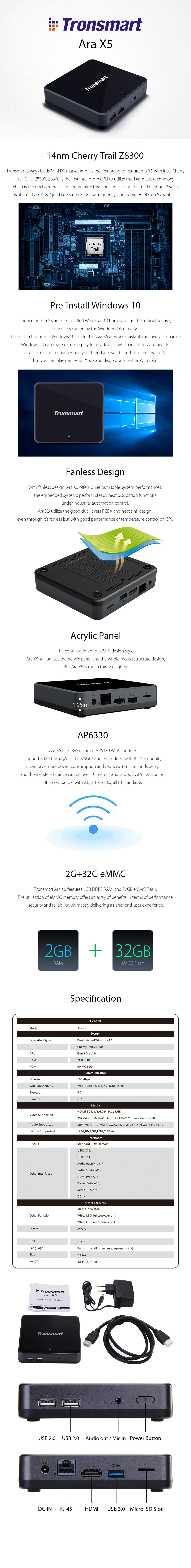 [Spain Stock]Tronsmart Ara X5 Windows 10 TV Box Cherry Trail Z8300 Quad Core 1.8G Gen 8 Graphics GPU 2G/32G 2.4Ghz/5Ghz LAN HDMI H.265 XBMC BT4.0 USB3.0